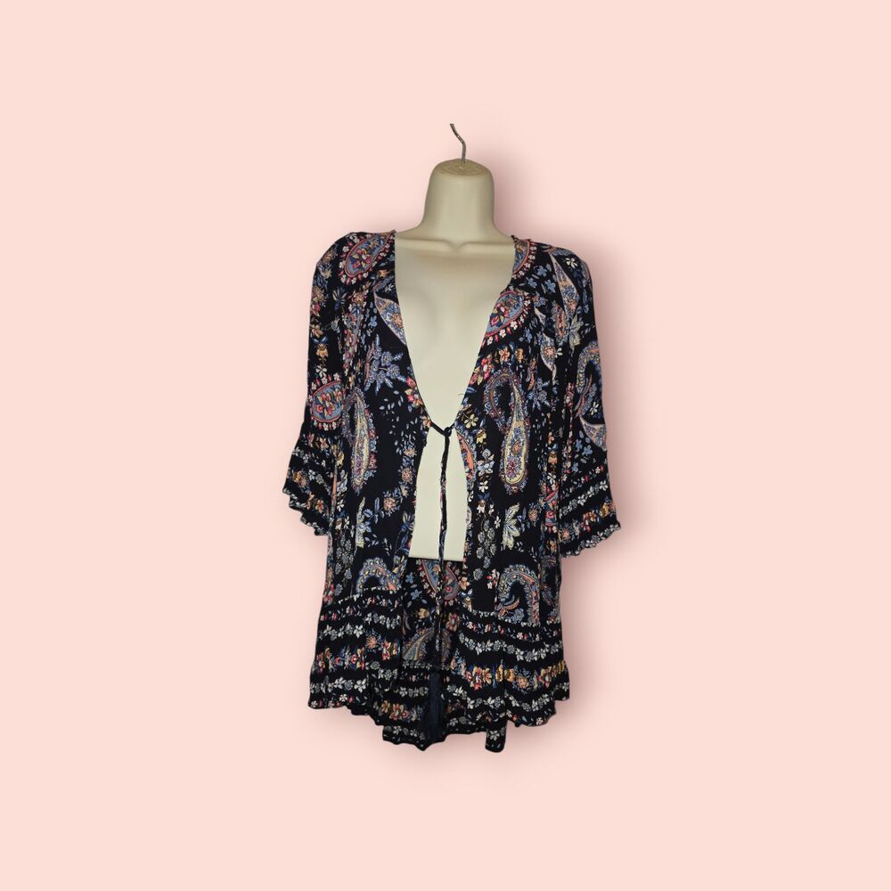 Patrons Of Peace Paisley Bell Sleeve Kimono Boho Open Front Lightweight Small